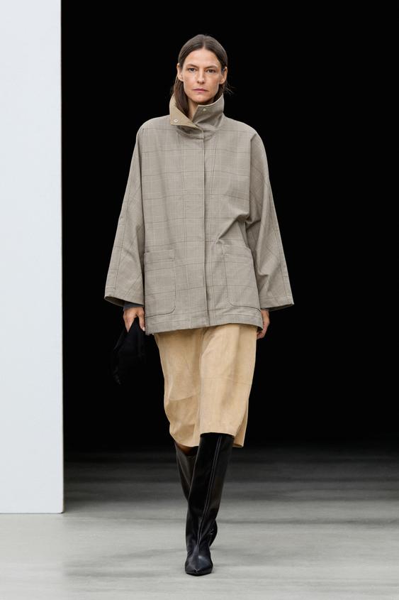 Zara Cotton blend plaid high neck jacket - Khaki - Image 0