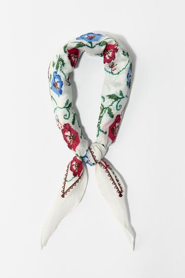 Zara FLORAL EMBROIDERY BANDANA - Ecru