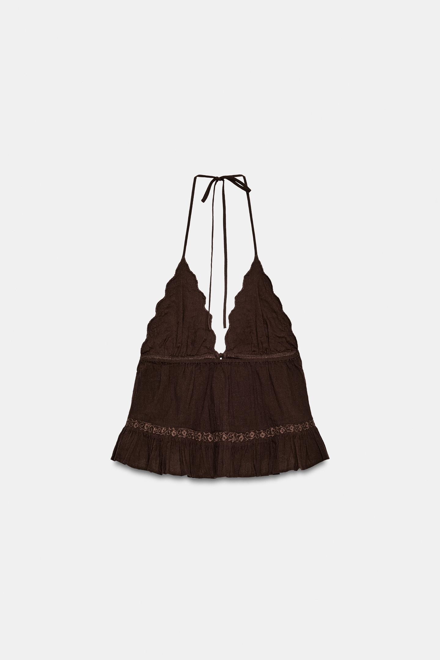 Женский топ Zara Embroidered Gauze Halter Top, цвет: Коричневый — фото 5