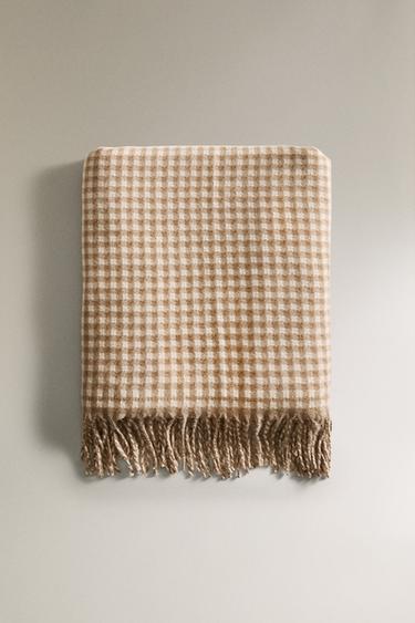 Zaras RUTIG PLÄD MED FRANSAR - Mörkt beige
