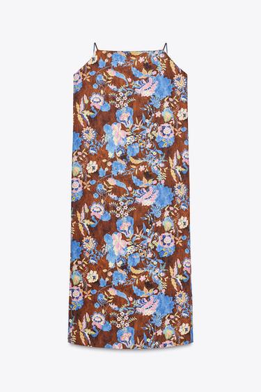 FLORAL PRINT POPLIN DRESS ZW COLLECTION - Brown-Blue by Zara - Image 4
