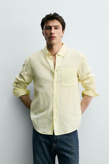 Zara REGULAR FIT LINEN - COTTON SHIRT - Yellow