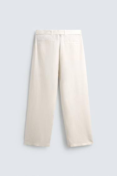 RELAXED FIT VISCOSE-LINEN TROUSERS WITH BELT - Ecru by Zara - Image 6