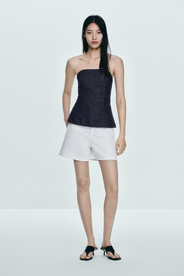 Zara 牛仔平口上衣 TRF - 深靛青色