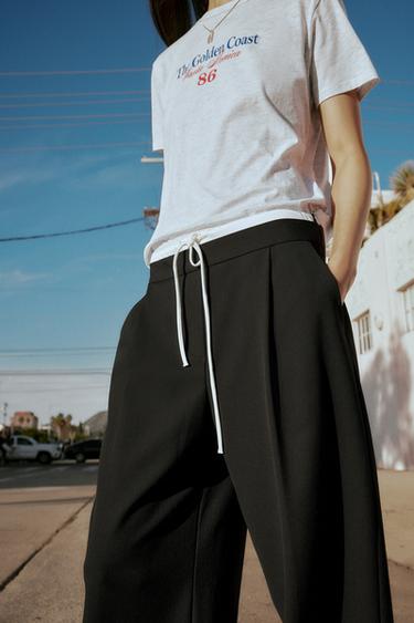 Zara DOUBLE WAIST WIDE LEG PANTS - Black