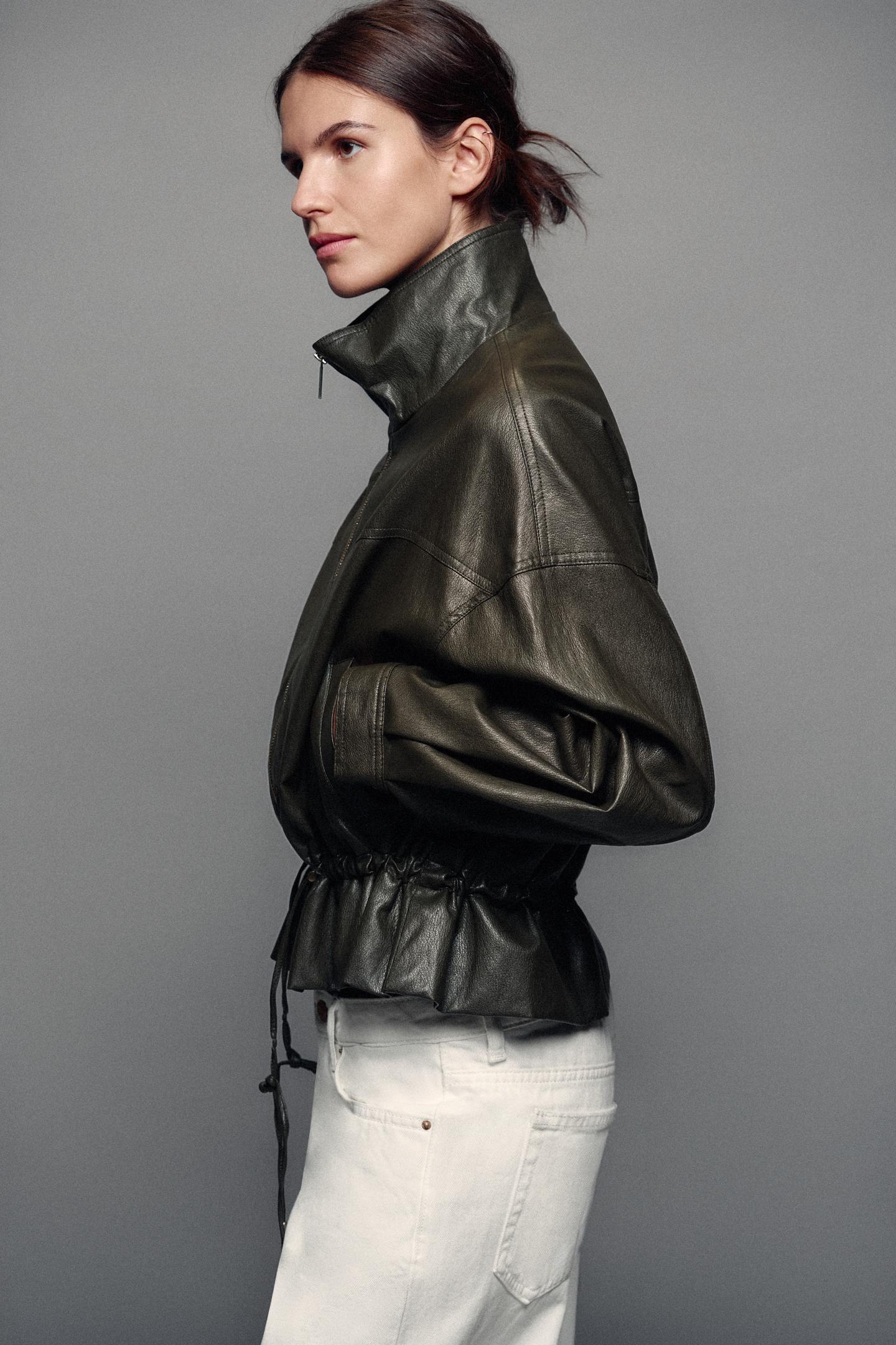 Женская куртка Zara Faux Leather Drawstring, цвет: Тёмный хаки — фото 3