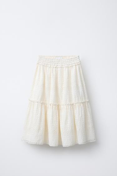 חצאית באורך ביניים עם רקמה - בז' של Zara