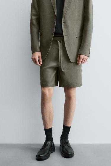 Zara REGULAR FIT LINEN SHORTS - Light green