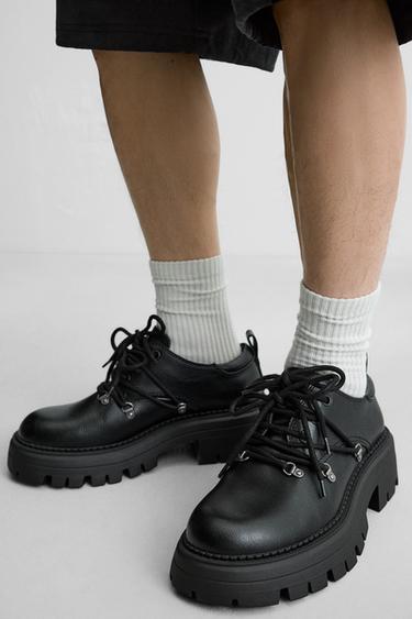 Zara 厚底多排鞋帶孔鞋 - 黑色