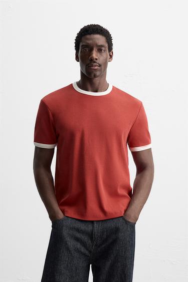 BASIC CONTRAST RIB T-SHIRT - Red by Zara
