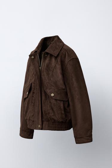 Zara FAUX SUEDE BOMBER JACKET - Chocolate