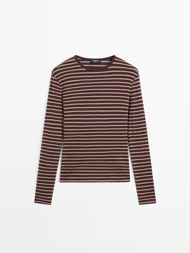 Zara Cotton blend striped long sleeve T-shirt - Eggplant