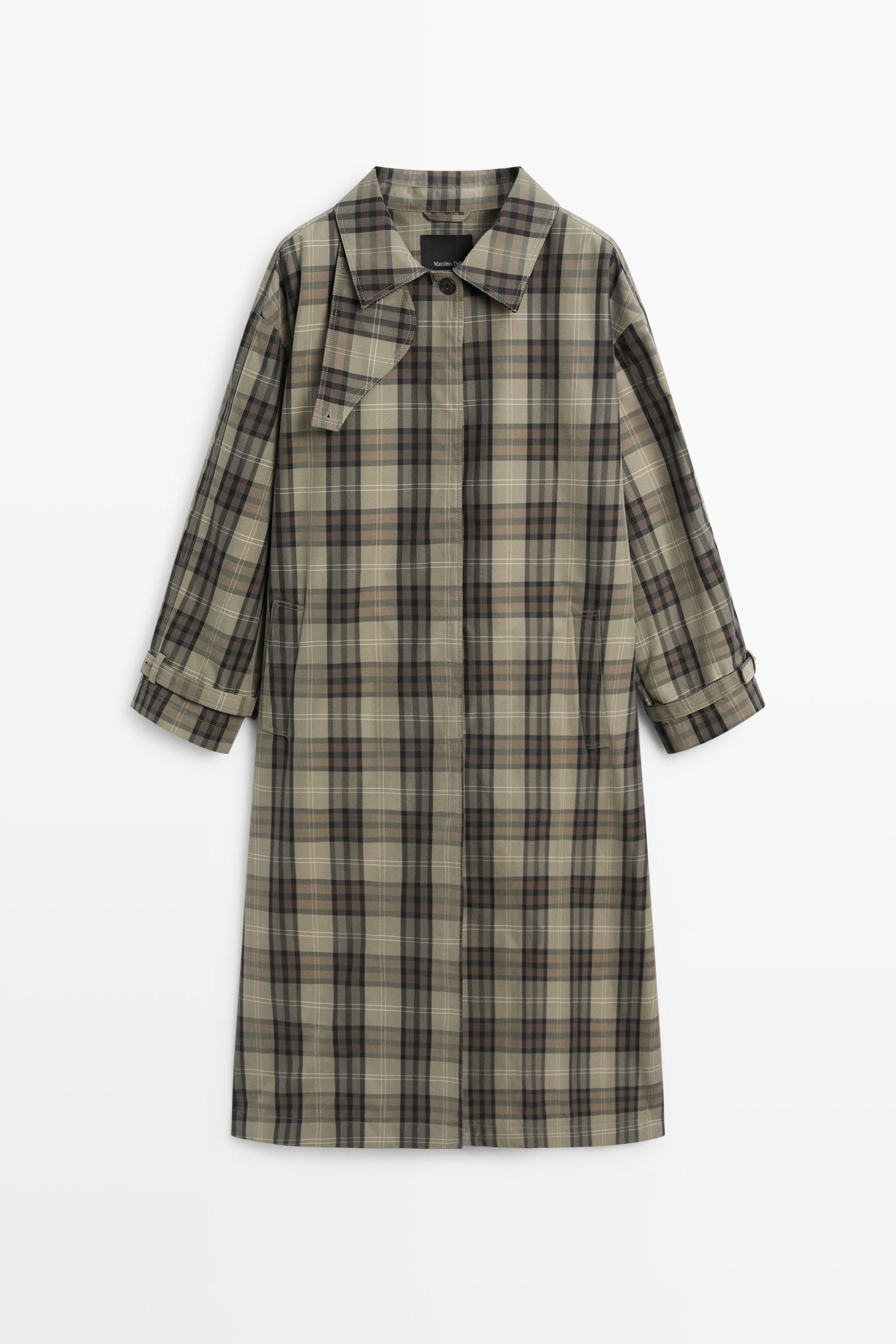 Long cotton blend plaid trench coat
