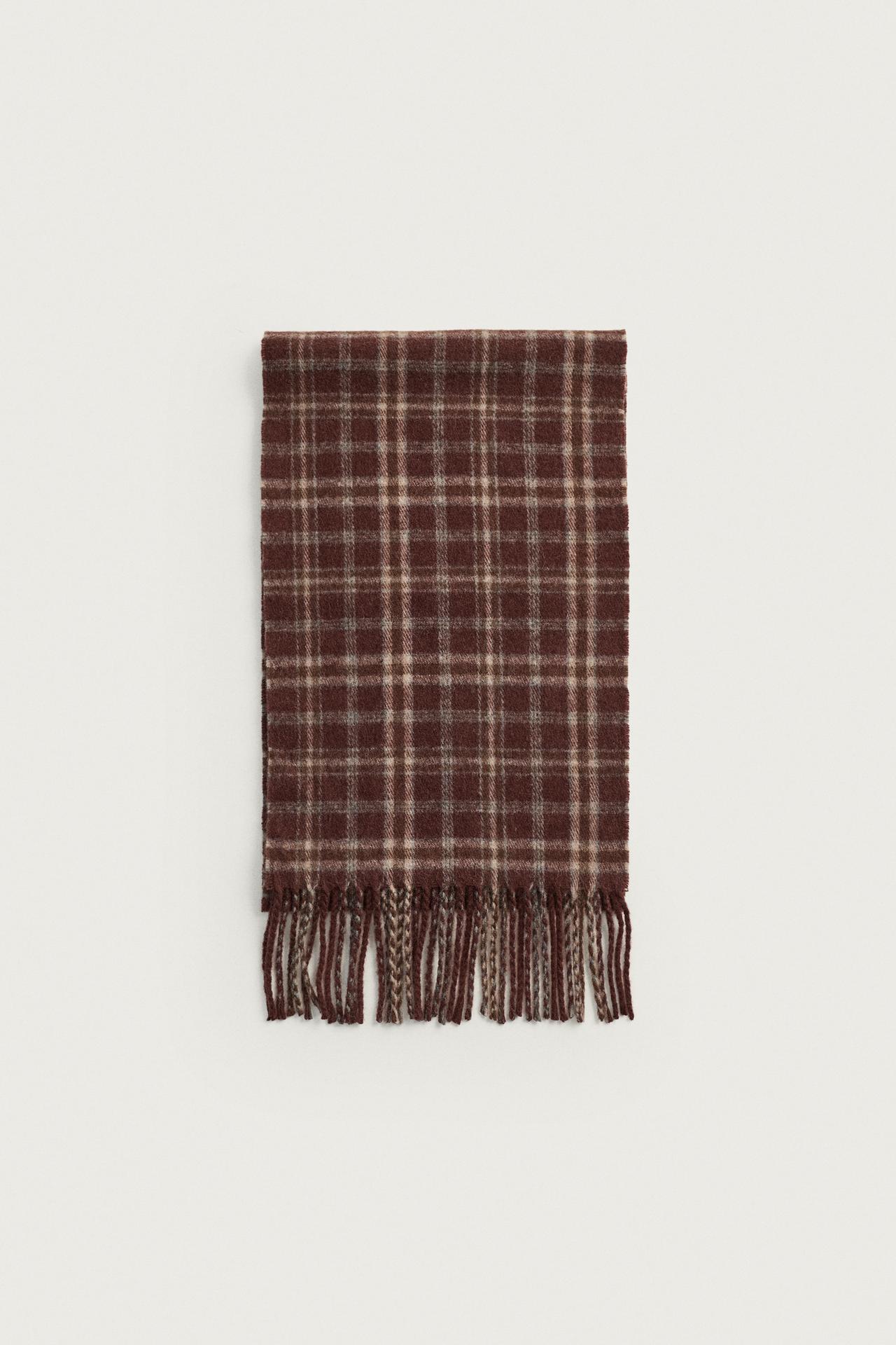 WOOL-BLEND PLAID SCARF — Brown