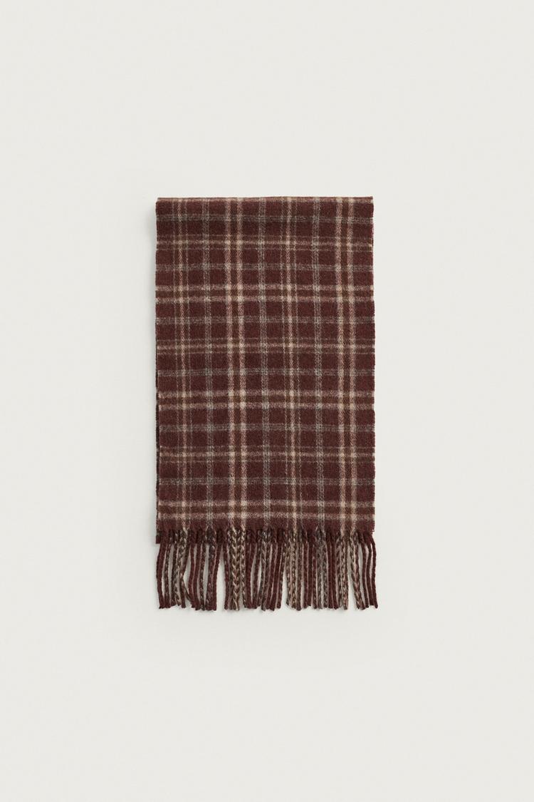 WOOL-BLEND PLAID SCARF — Brown