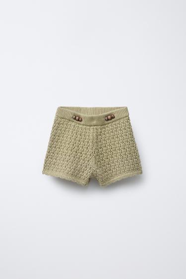 Zara BEADED KNIT SHORTS - Light khaki