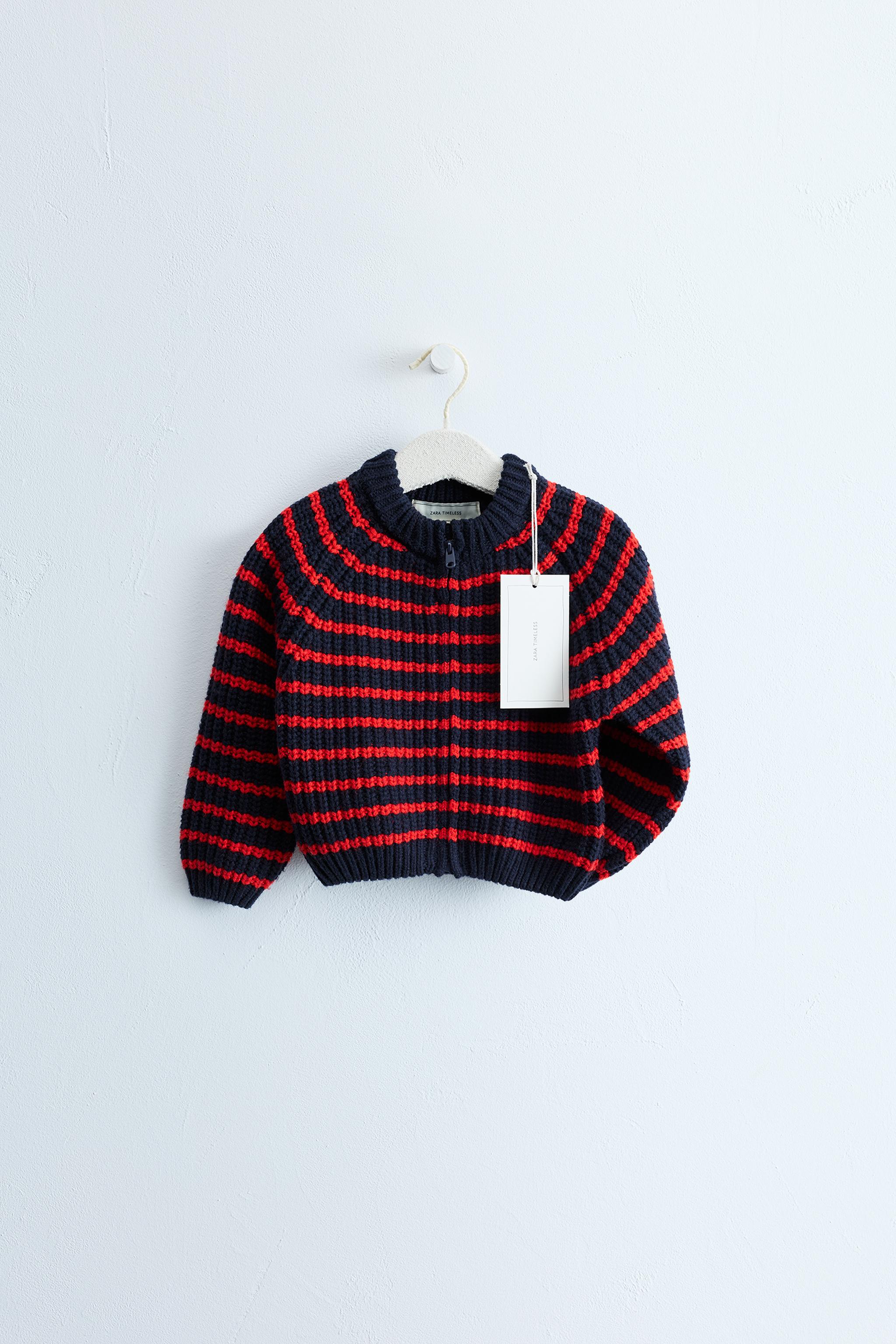 ZARA TIMELESS - STRIPED COTTON AND WOOL BLEND CARDIGAN — Red / Navy