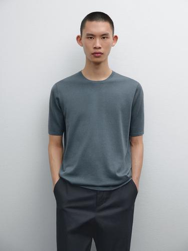 Zara Cotton blend knit T-shirt - Dusty blue