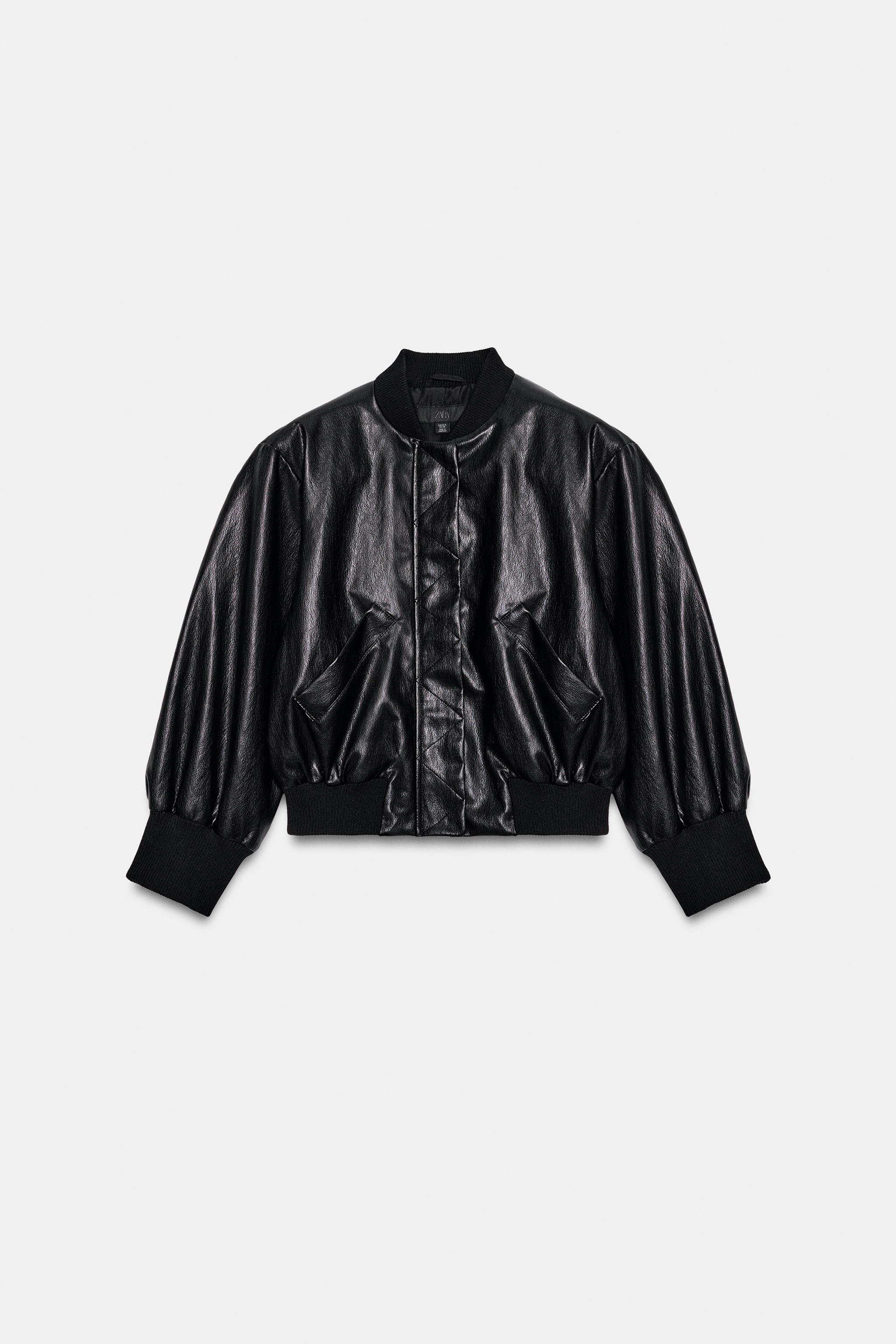 FAUX LEATHER BOMBER JACKET WITH SHOULDER PADS