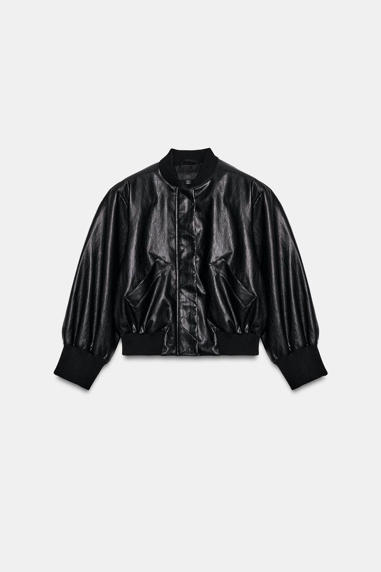 FAUX LEATHER BOMBER JACKET WITH SHOULDER PADS