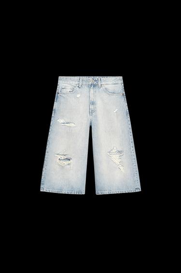 Zara MID-RISE RIPPED DENIM BERMUDA JORTS - Light blue - Image 0