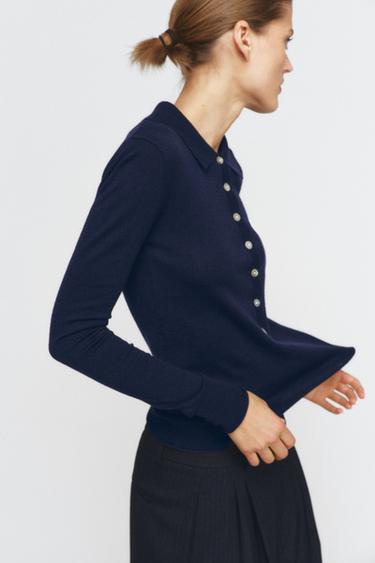 FINE KNIT WOOL POLO SHIRT - Navy blue by Zara - Image 3