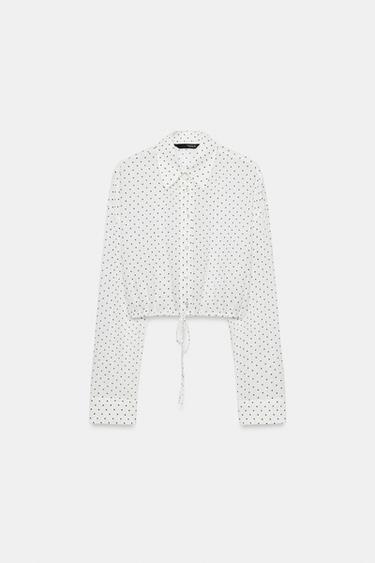 Zara CROPPED POLKA DOT CHIFFON SHIRT WITH DRAWSTRING - Black / White