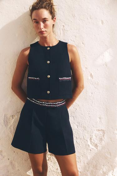 Zara FANCY PIPED TRIM SHORTS - Navy blue
