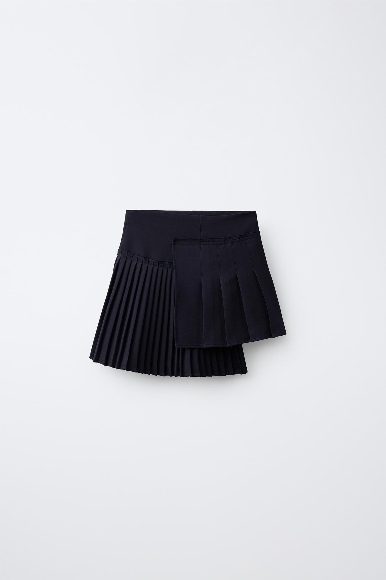 ASYMMETRIC PLEATED KNIT SKIRT — Navy blue