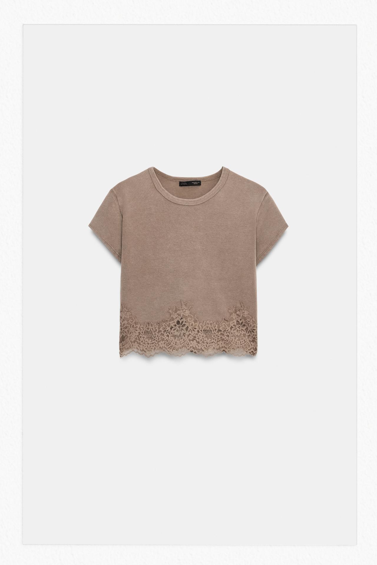 CROPPED LACE T-SHIRT — taupe brown