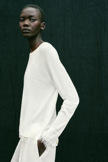 سترة محاكة بدانتيل - أبيض الخاص بـ Zara