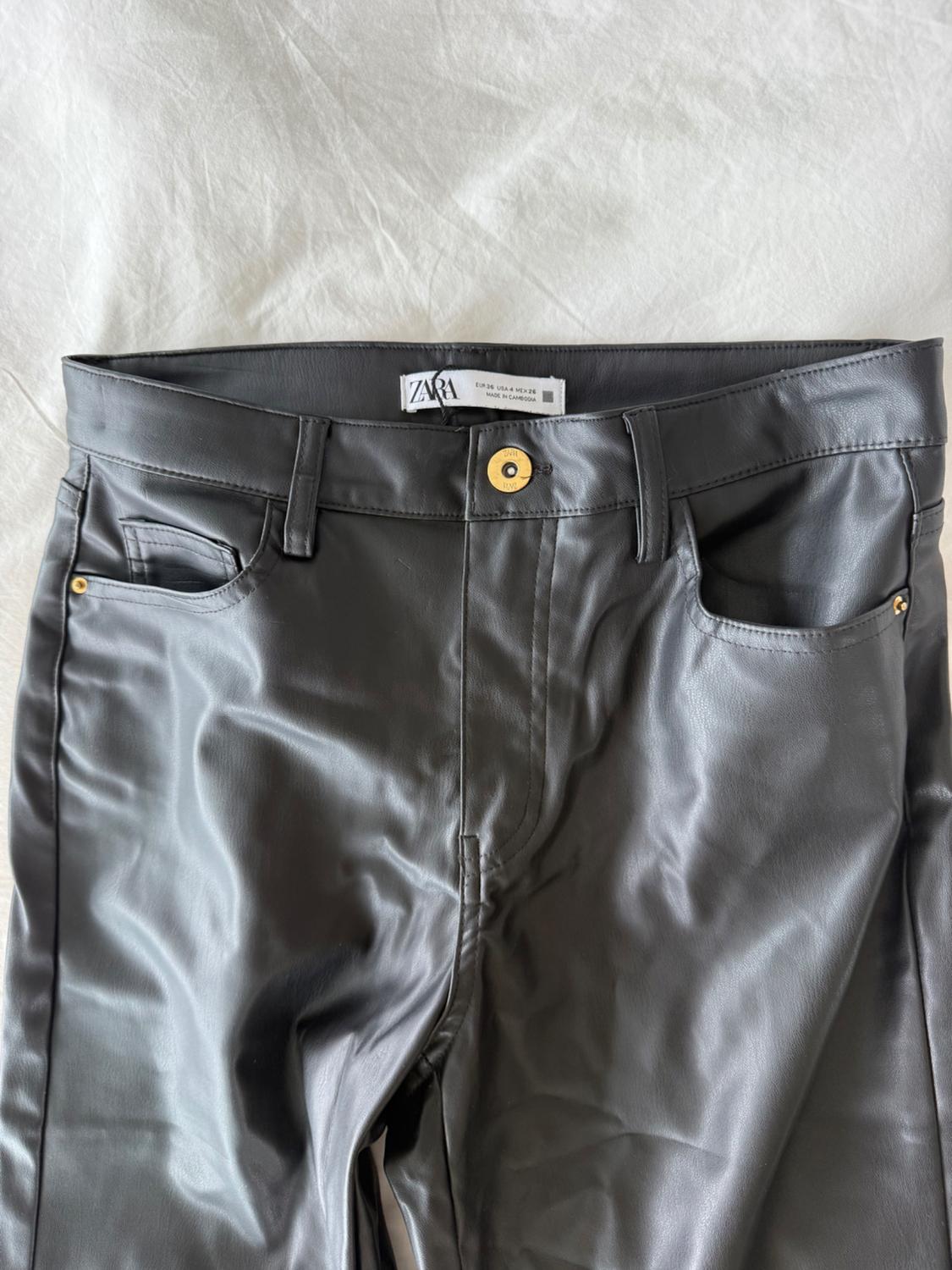 STRAIGHT FIT LONG LENGTH MID RISE FAUX LEATHER TROUSERS - Image 2