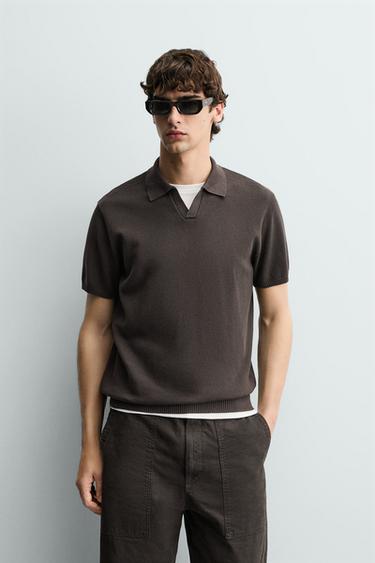 Zara TEXTURED KNIT POLO - Chocolate