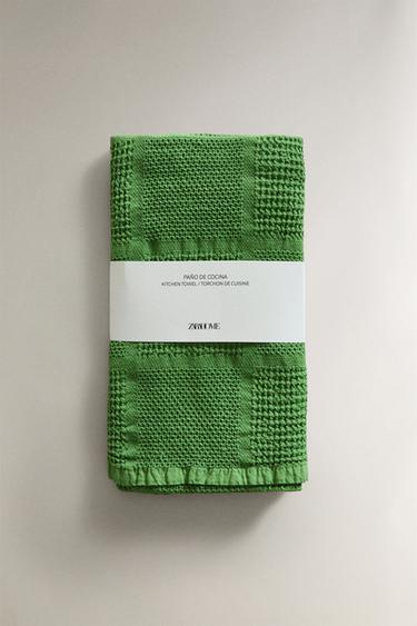 WAFFLE-KNIT COTTON TEA TOWEL - Green by Zara - Image 4