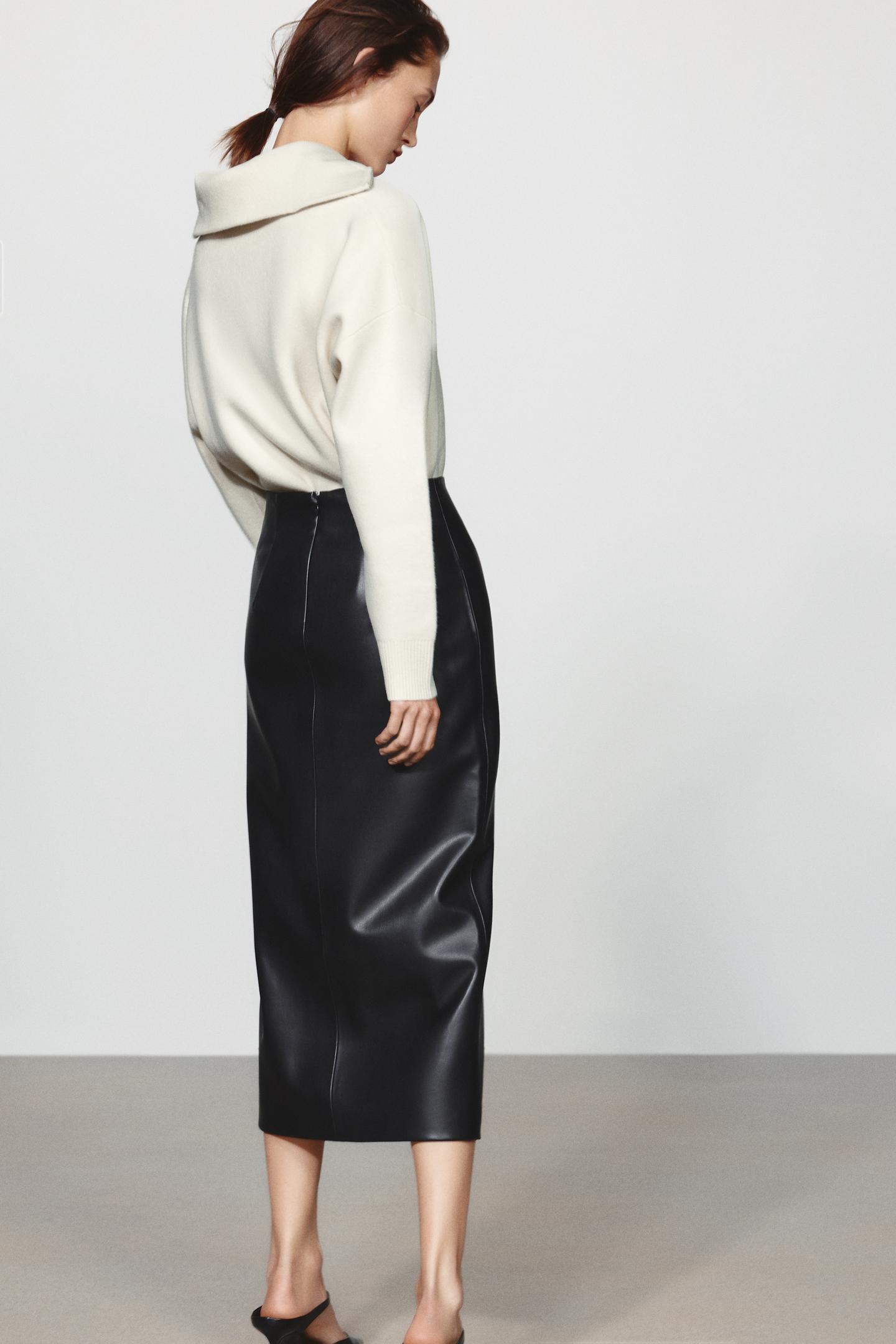 Женская юбка Zara ZW Collection Faux Leather Straight, цвет: Чёрный — фото 4