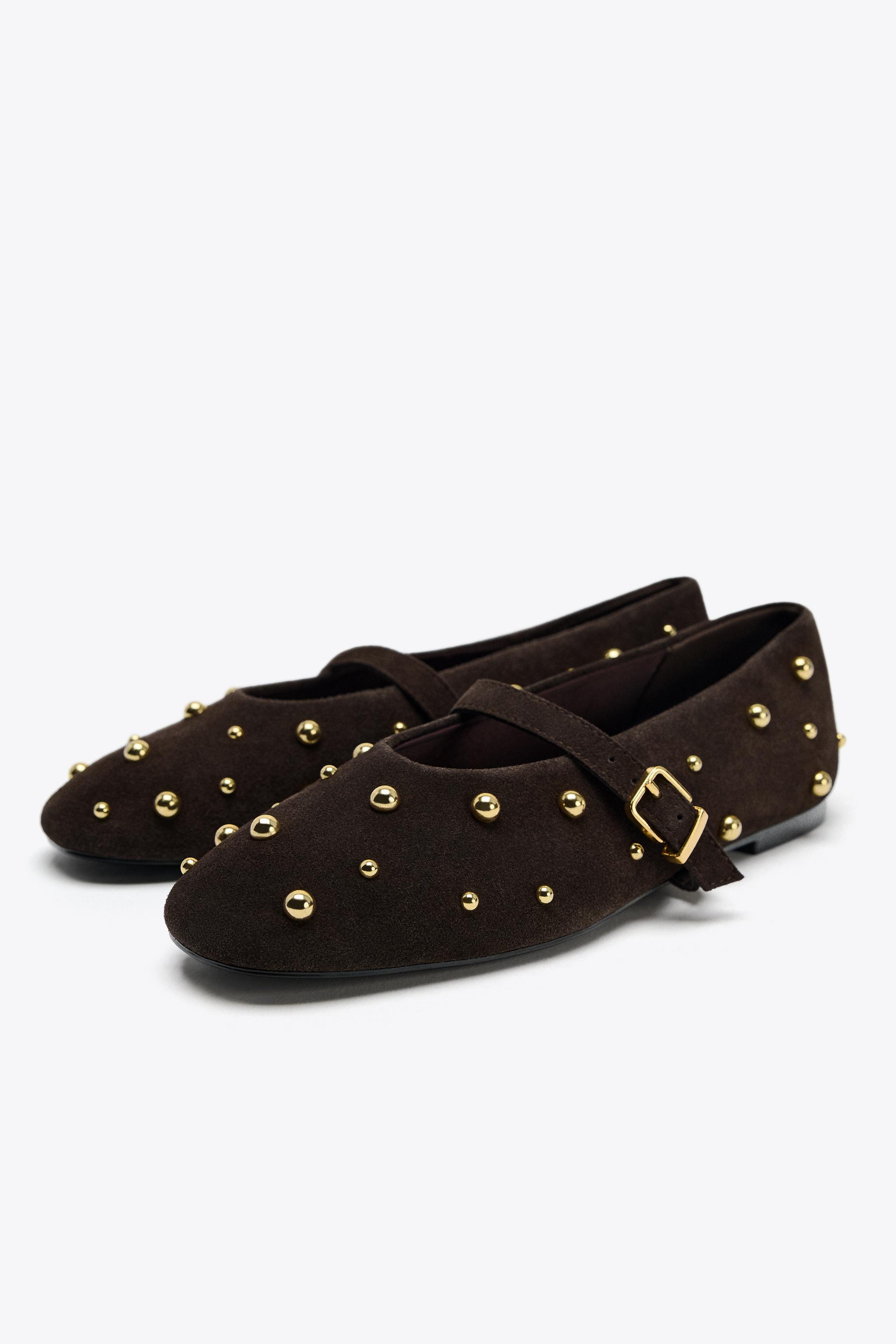 【ZARA】スタッズ付きスプリットスエードバレリーナシューズ スタッズ付きスプリットスエードバレリーナシューズ - ブラウン