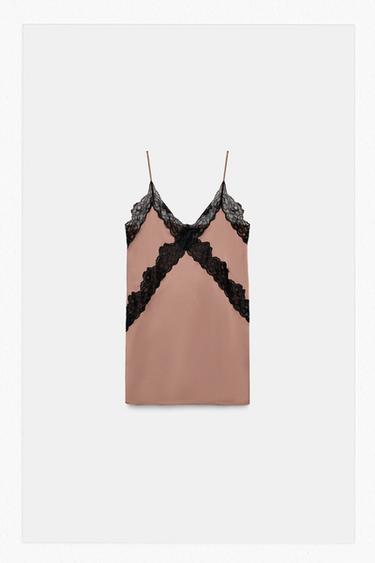 VESTIDO MINI ENCAJE CONTRASTE - Coñac de Zara