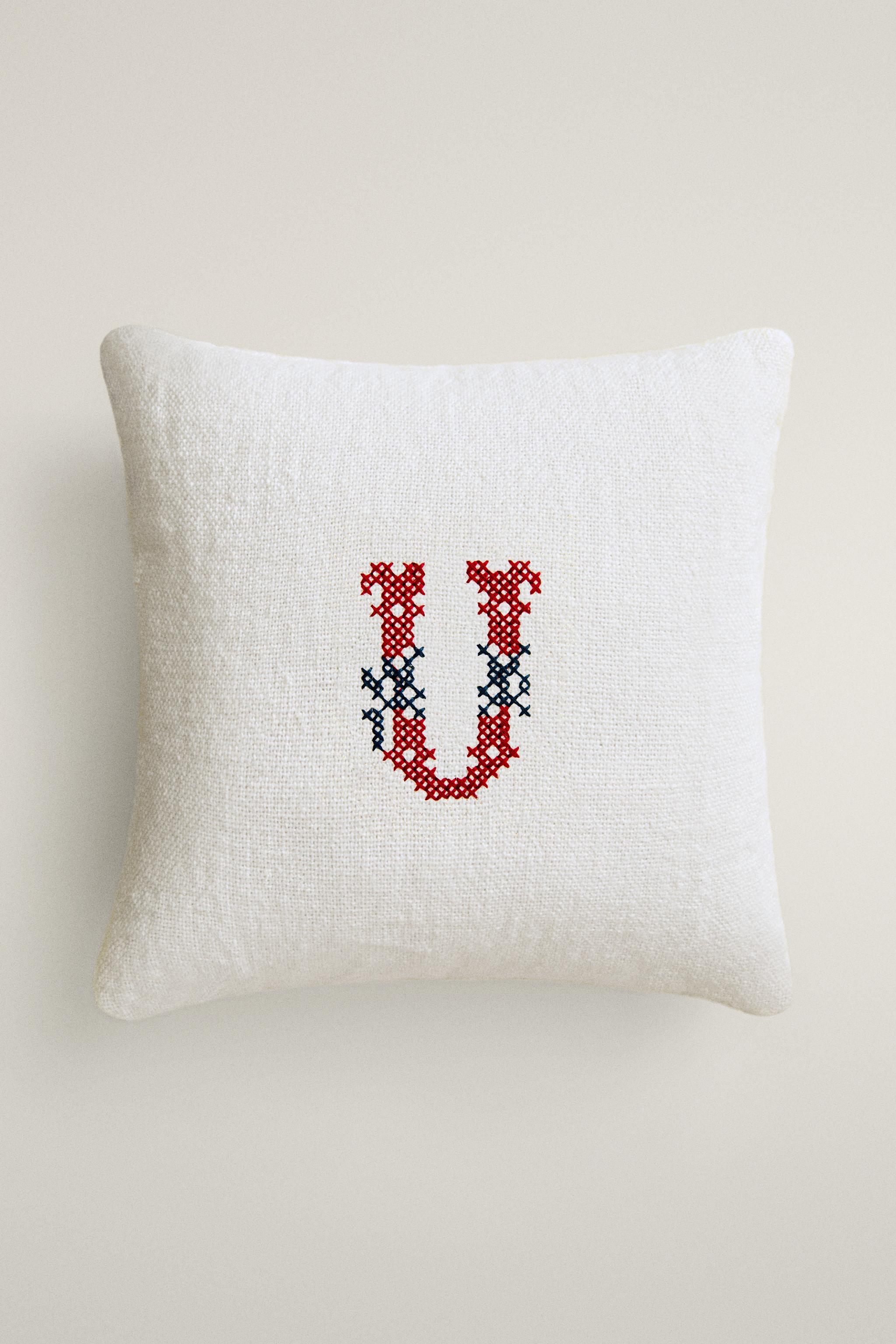 LETTER U EMBROIDERED LINEN CUSHION — Ecru