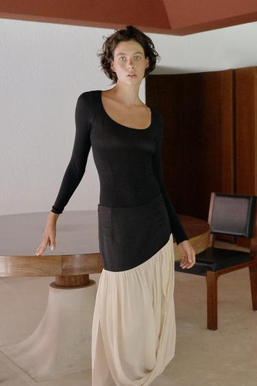 CONTRAST DRAPED MIDI SKIRT - Black / Ecru by Zara - Image 0