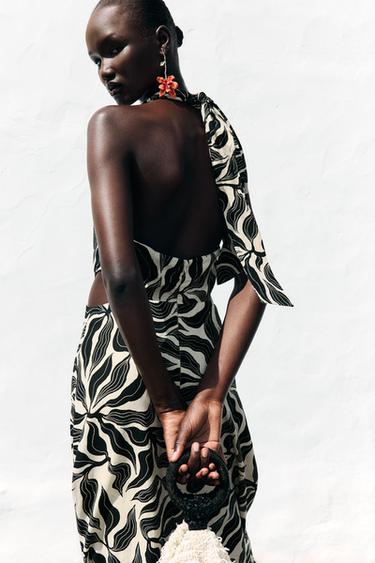 HALTER MIDI DRESS WITH LINEN BLEND - Black / Ecru by Zara - Image 3