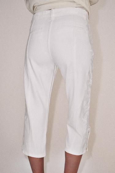 ZW COLLECTION EMBROIDERED MID-WAIST CAPRI JEANS - Ecru by Zara - Image 2