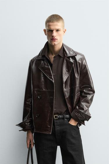 SHINY LEATHER JACKET - Dark brown by Zara