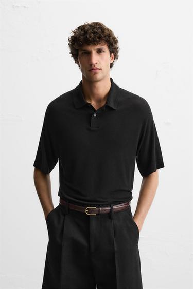 Zara VISCOSE - LINEN POLO SHIRT - Black