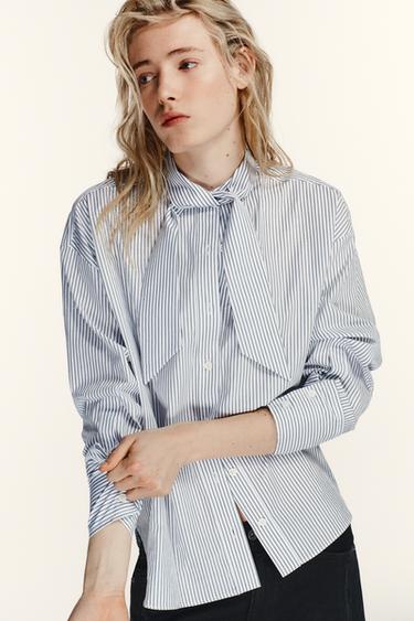 CAMISA DE POPELÍN DE RATLLES AMB MOCADOR - Blanc / Verd de Zara