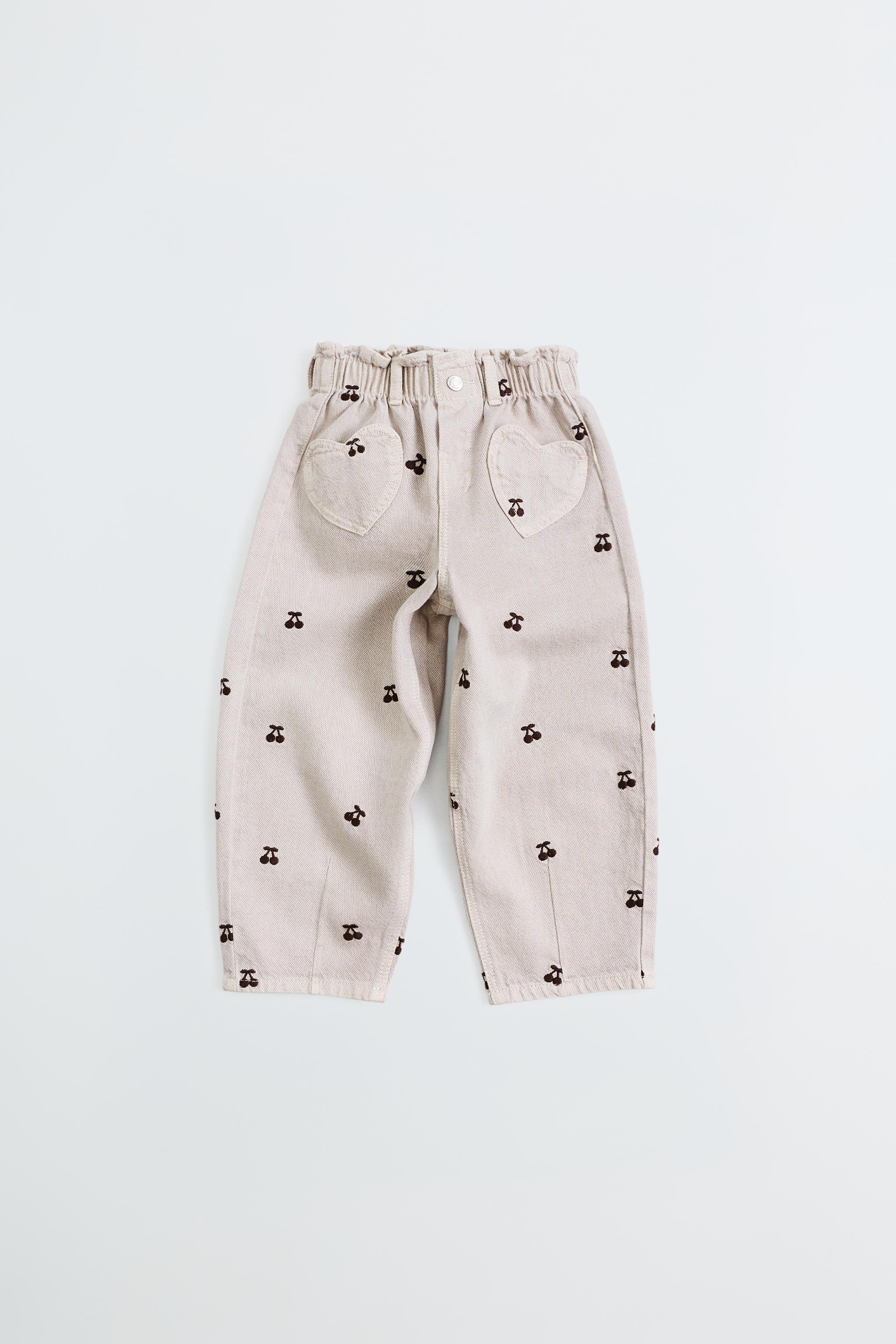 EMBROIDERED CHERRY BAGGY TWILL PANTS — Beige