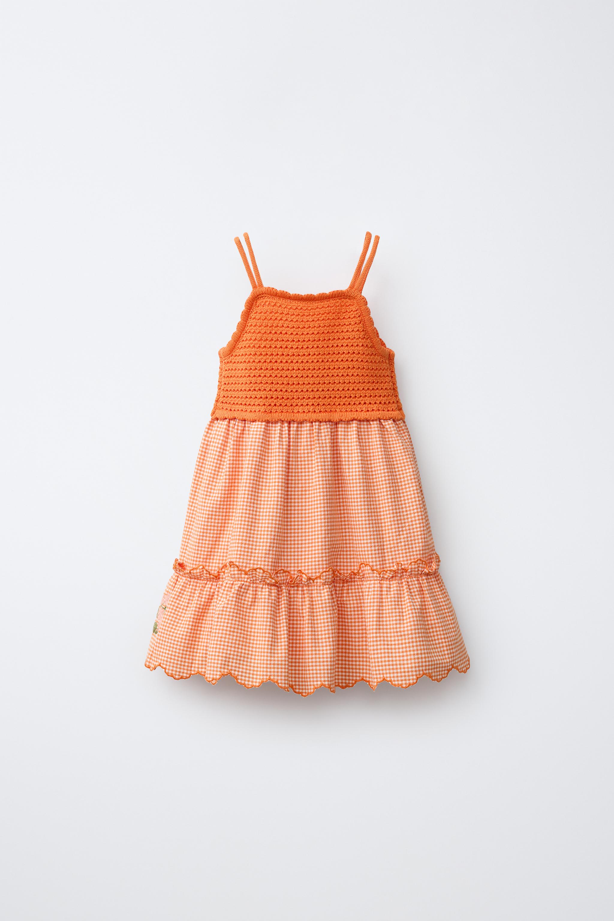 COMBINATION KNIT DRESS WITH EMBROIDERED GINGHAM FLOWERS — Orange