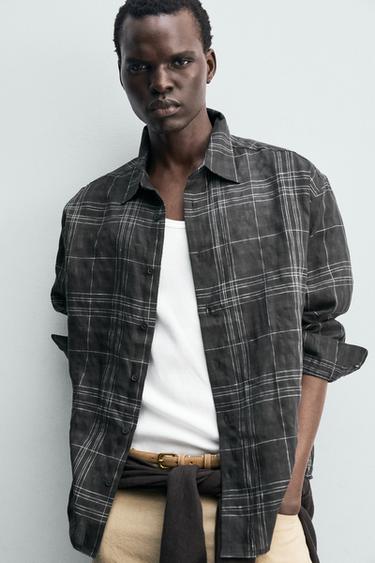 CHEMISE À CARREAUX LIN-COTON - Gris anthracite de Zara - Image 4