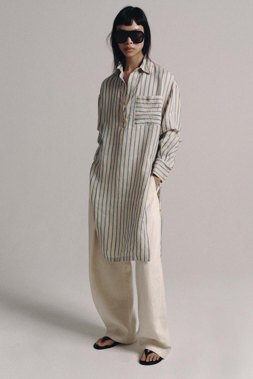 zara linen shirt dress White Short Sleeve Collared Button Down Maxi Si Brie Featuring a regular collar and long sleeves with cuffed hems Zara new beige linen blend