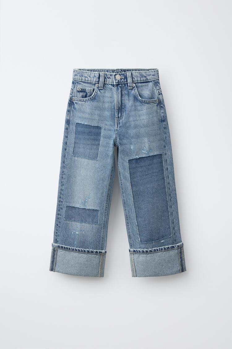 WIDE LEG PATCH JEANS — Blue
