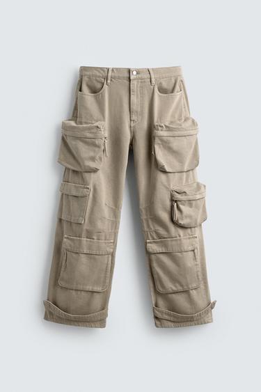 DENIM CARGO TROUSERS WITH POCKETS - camel by Zara